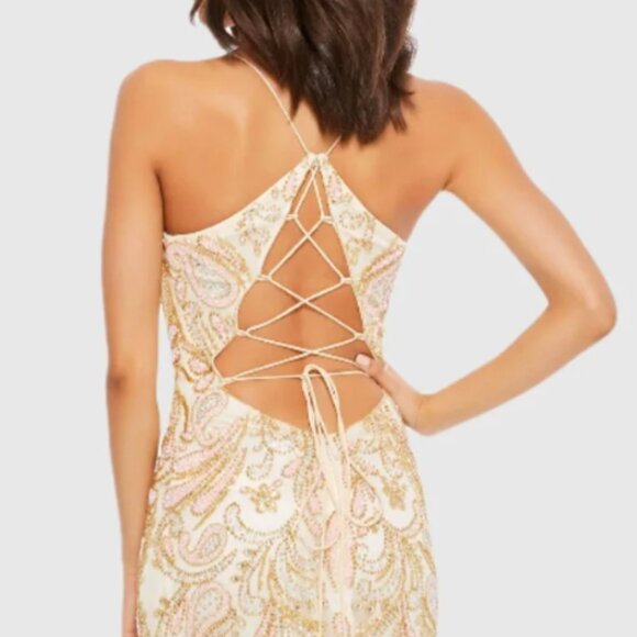 MAC DUGGAL 5309 CHAMPAGNE STRAPPY BACK ORNATE BEADED GOWN sz 2 - Picture 3 of 6